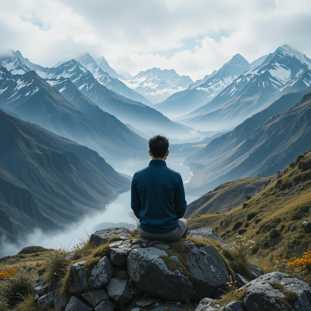 A man meditating peacefully in the mountains, surrounded by serene nature, embodying tranquility and focus to be a great photographer.