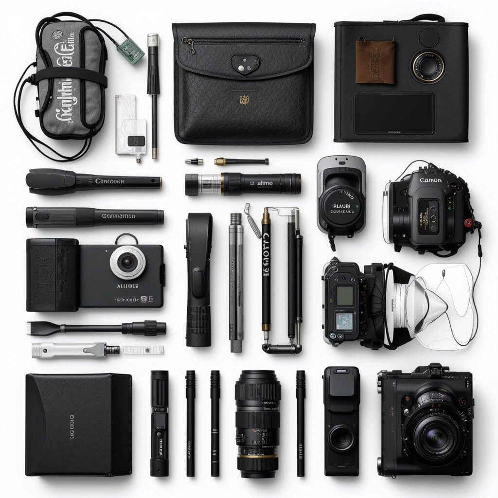 A collection of a camera, camera bag, and related items, emphasizing the essentials for mastering photography skills.