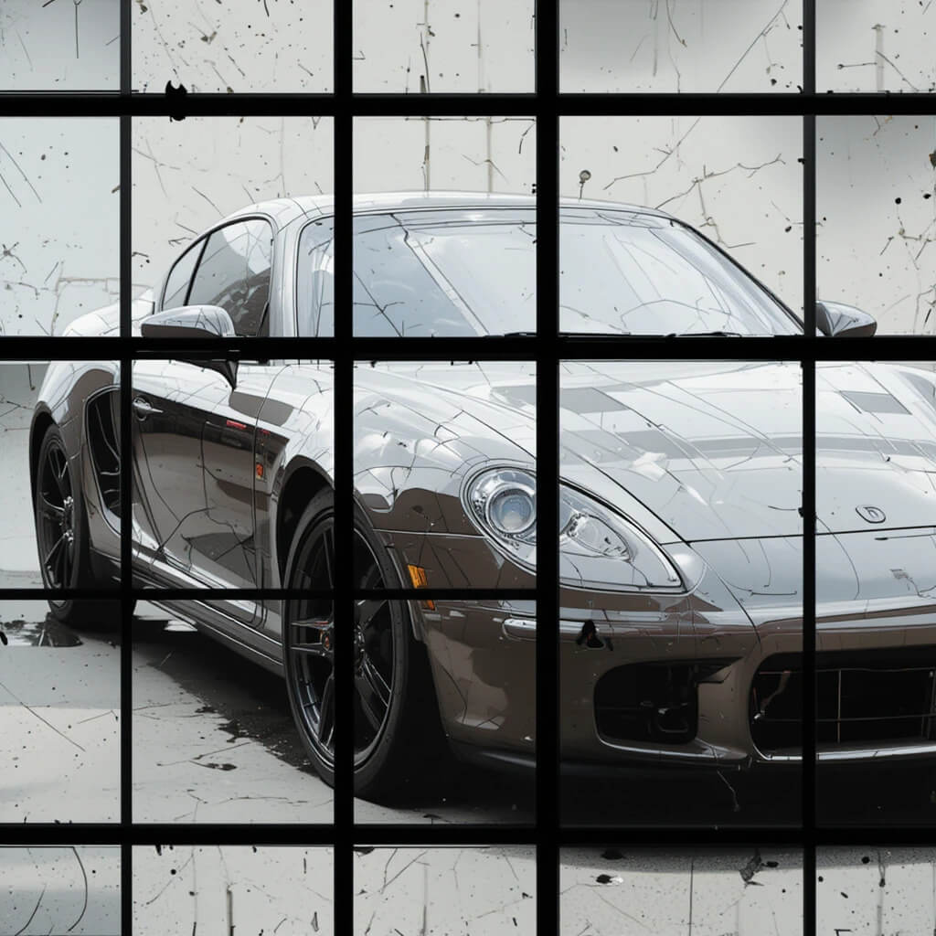 A Porsche sports car is seen through a window, demonstrating the use of composition techniques in photography.