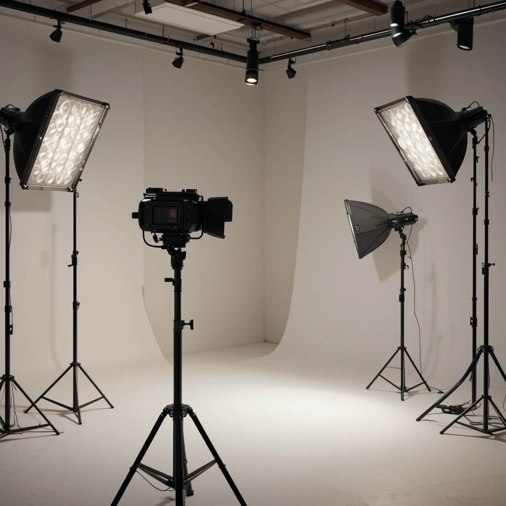  A well-equipped photo studio showcasing lighting tools on a white wall, emphasizing the critical role of lighting in capturing images.