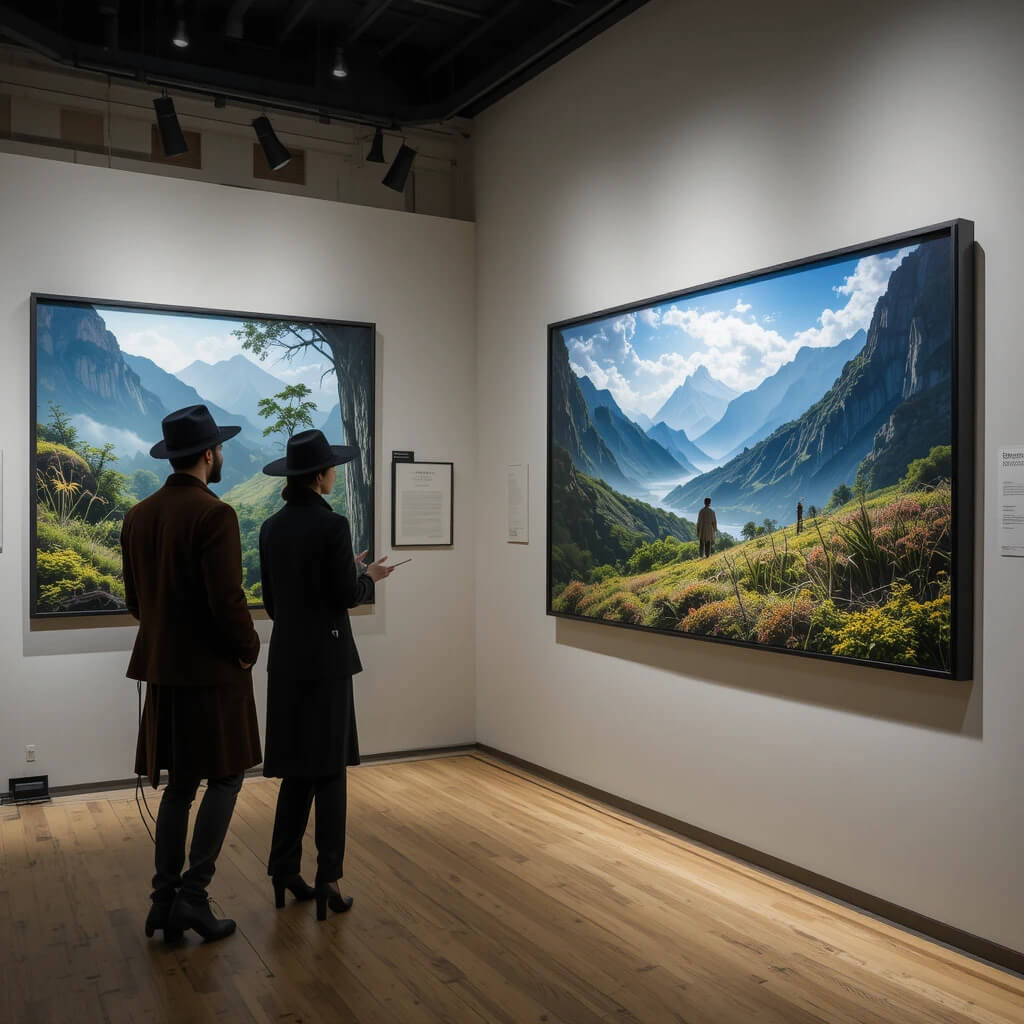 Two people engage with paintings in an art museum, showcasing works from a photography contest and exhibition.