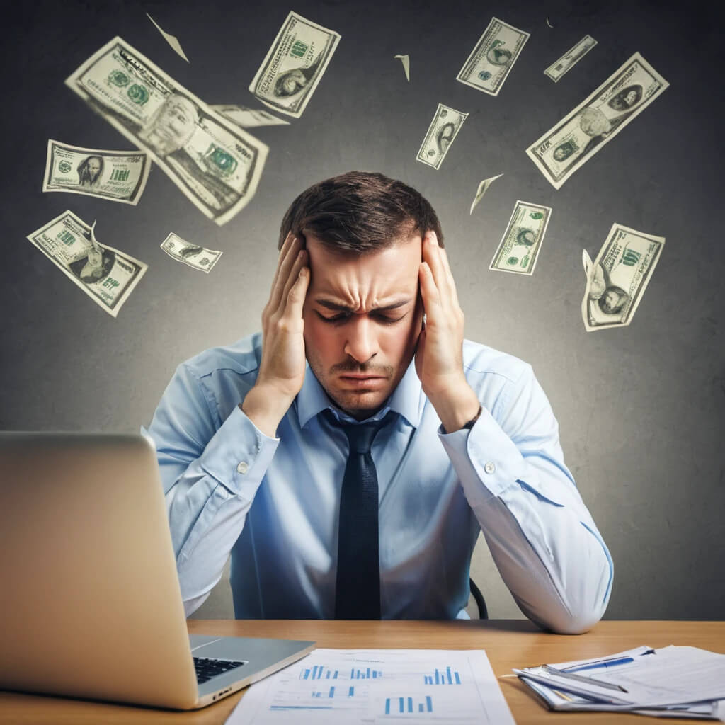 An office worker surrounded by flying money, sitting in front of a laptop, illustrating financial concerns as he realise it is time to quit his job.