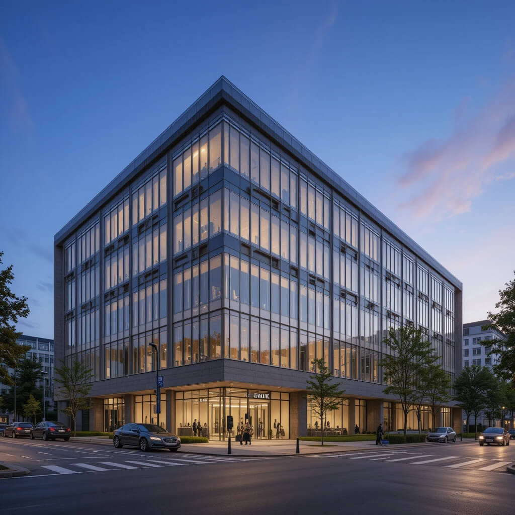 Contemporary office building at the corner of a street, showcasing job openings for both full-time or part-time roles.