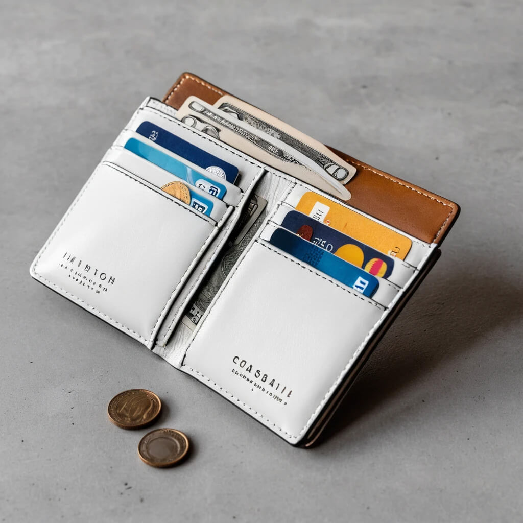 A high end wallet displayed on a table, filled with credit cards and coins, prompting thoughts on its value.