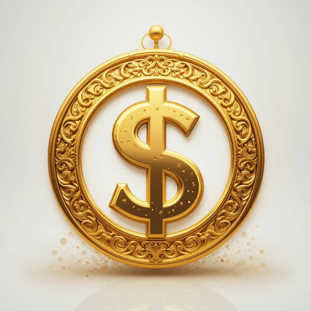 Golden dollar sign on a plain white background, illustrating the false notion of affluence tied to high end wallets.