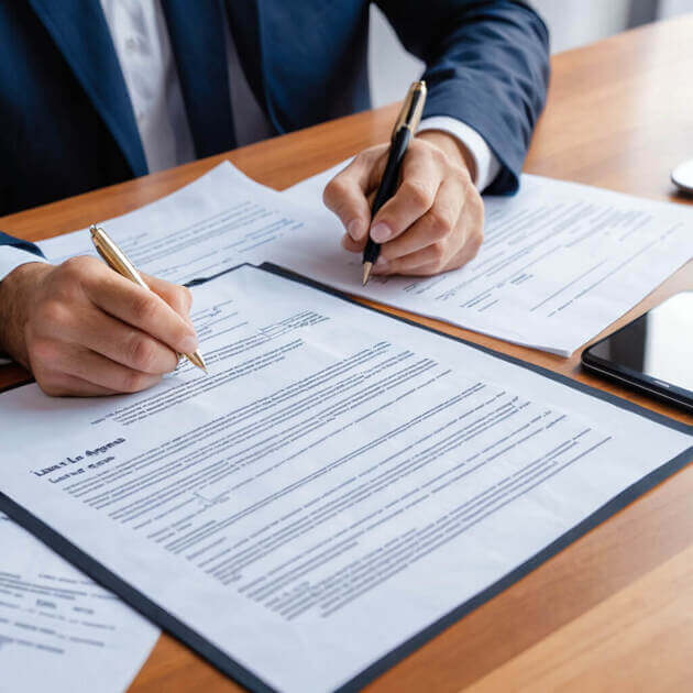 A man reviews and signs a lease agreement on a desk, demonstrating careful evaluation of the contract.