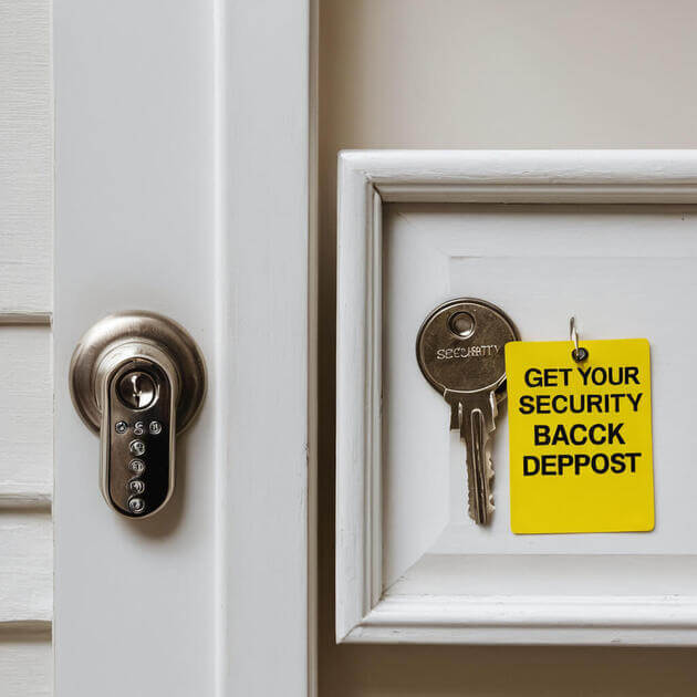 Illustration of a key and a door, emphasizing the need of returning keys to receive your deposit.