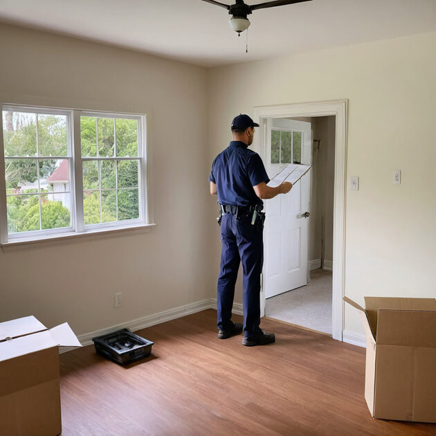 A man dressed in uniform stands alone in an empty room, conducting a pre-move inspection.