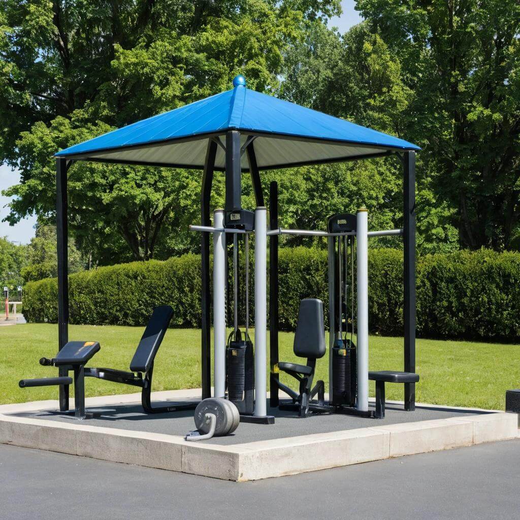 A blue canopy is positioned in a park, showcasing outdoor facilities available with property purchases.