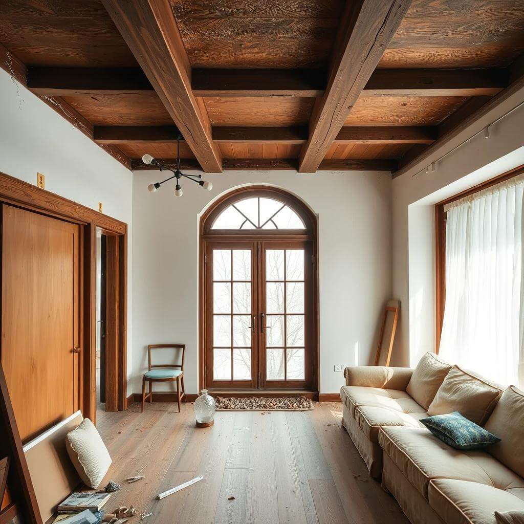 A damaged living room featuring worned out wooden beams and a couch, highlighting the need for renovation after property acquisition.