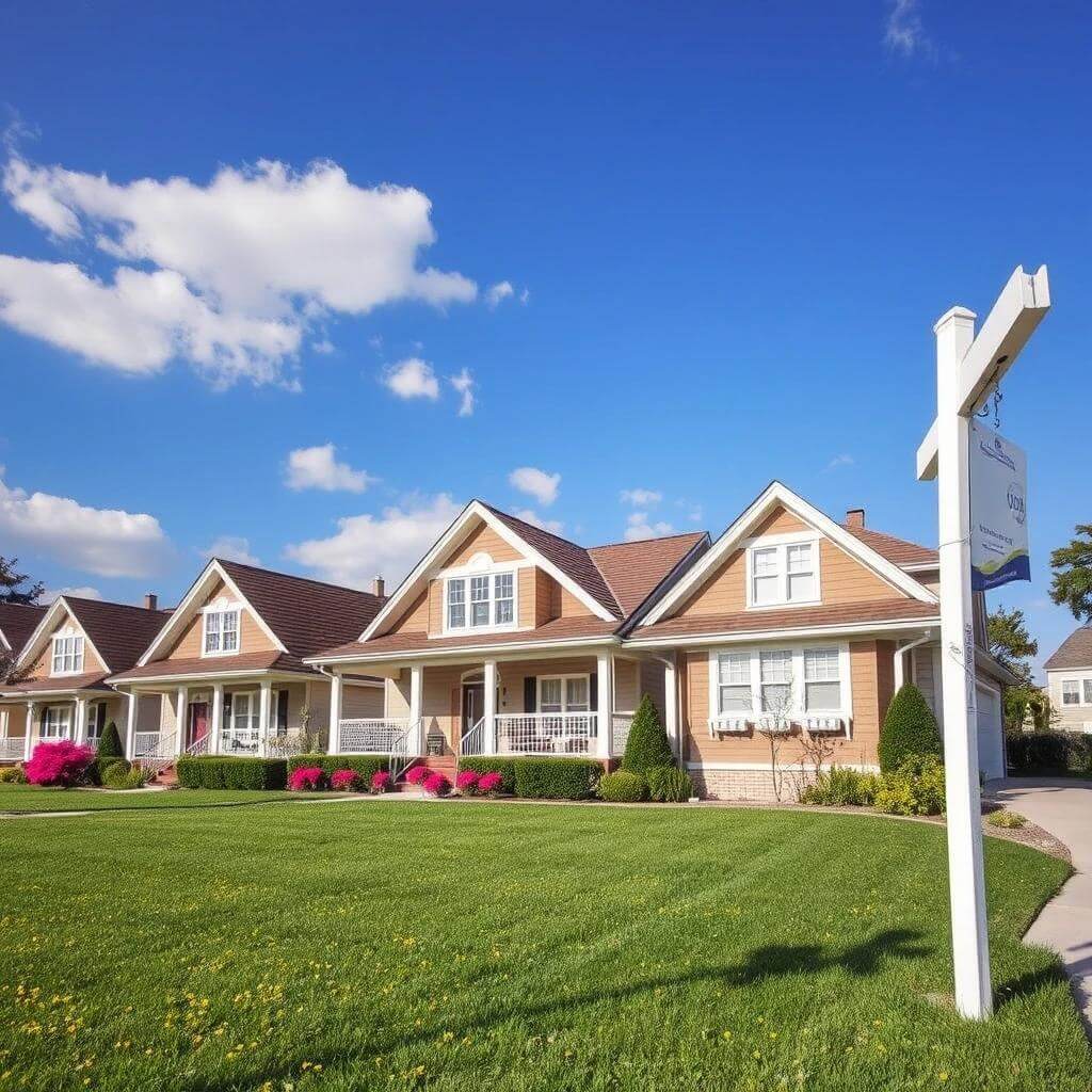 A line of houses with lush lawns and a sign suggesting the assistance of a real estate agent for property buying.