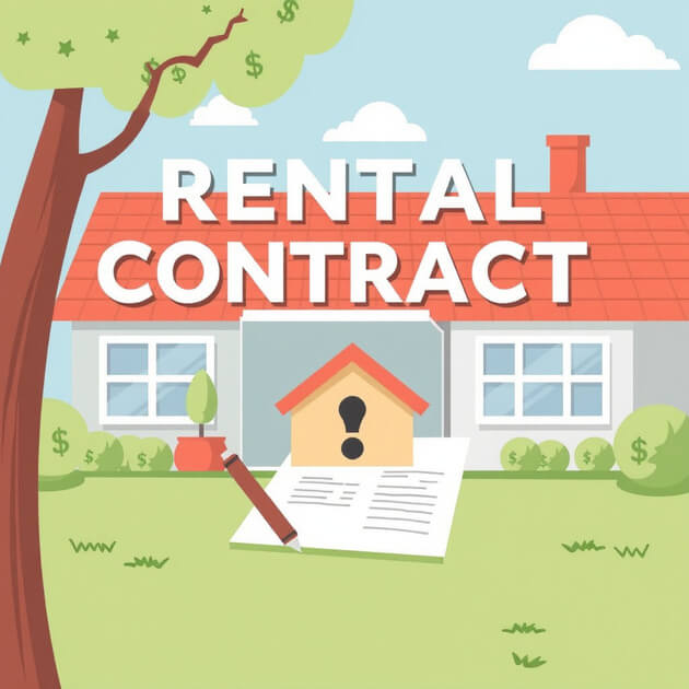 A rental agreement set against a backdrop of a house and a tree, illustrating key aspects of property rental management.