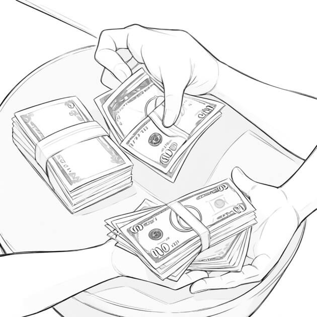Illustration of two hands grasping a stack of money, symbolizing financial transactions in landlord-tenant relationships.