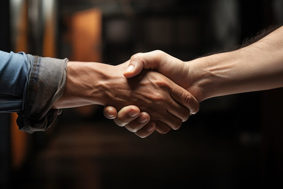 Two men shaking hands in a dimly lit room, symbolizing a successful agreement in a landlord-tenant negotiation.