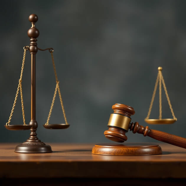 A wooden table displays a judge's gavel and scales of justice, representing the legal framework for landlords and tenants.