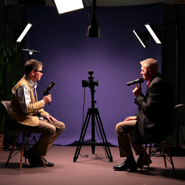Two men in chairs with microphones and cameras, conducting a tenant screening interview for a rental property.