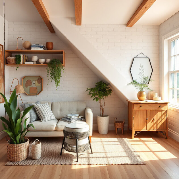 Slash your home restoration cost while still having a living room with a stylish couch, a modern table, and organized shelves for a welcoming atmosphere.