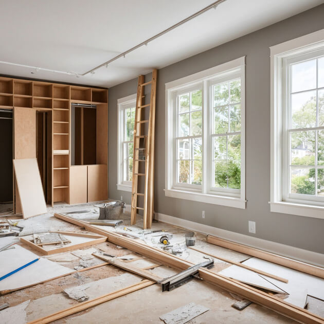 A cluttered room showcasing construction materials and furniture, highlighting the need to prioritize renovation tasks effectively.
