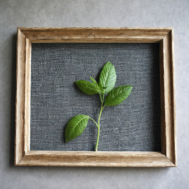 A plant in a wooden frame on a wall, highlighting eco-friendly savings achieved through repurposing and recycling efforts.