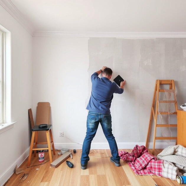 A man concerned about the cost of repainting the wall, due to the wrong color being painted for his room.