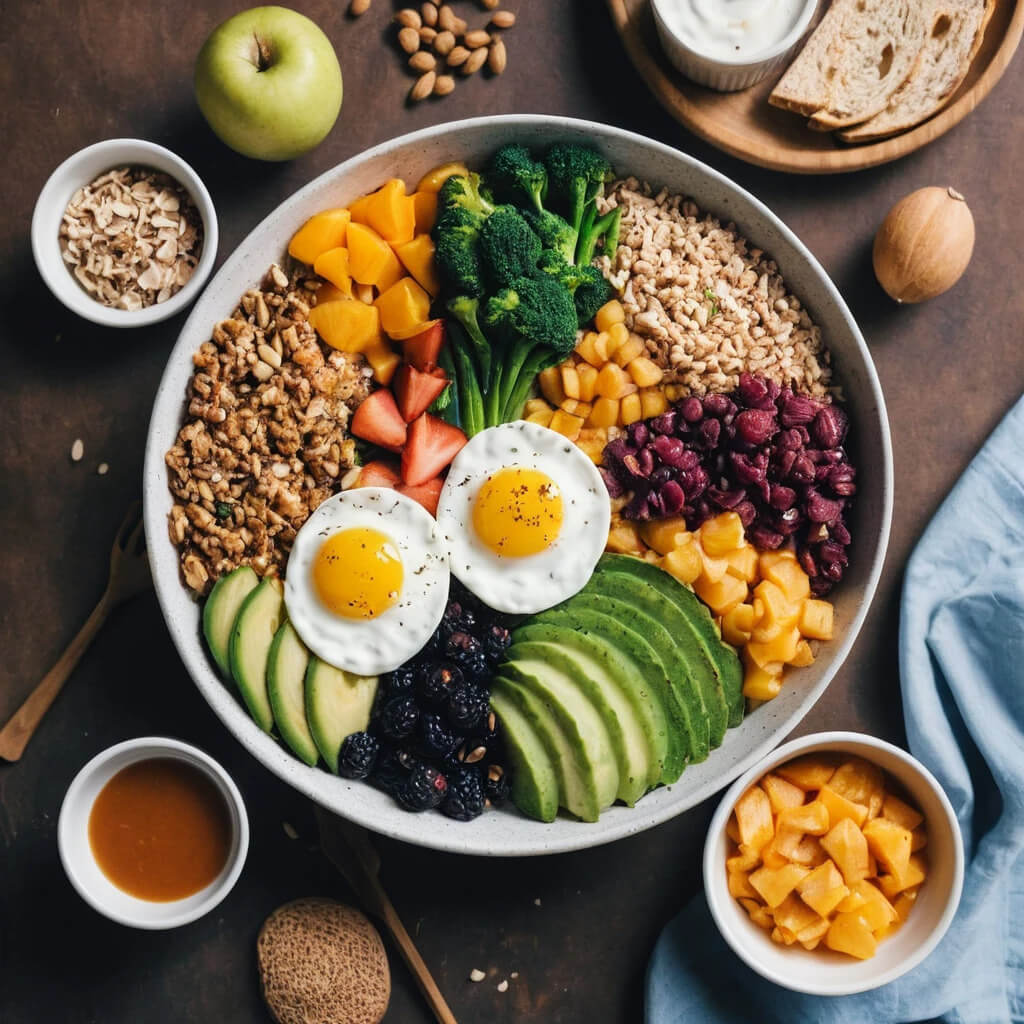 Nutritious breakfast bowl with eggs, fresh fruit, nuts, and vegetables, highlighting affordable and wholesome food.
