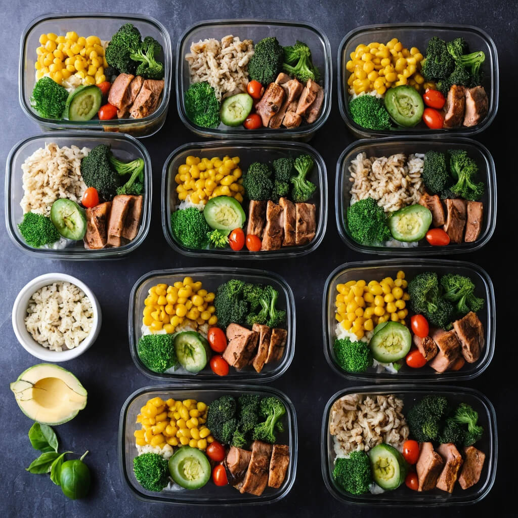 Six organized meal prep containers featuring rice and vegetables, illustrating effective meal planning.