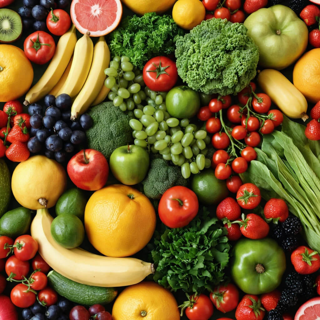  A large pile of fresh fruits and vegetables, promoting affordable options for a balanced diet in meals.