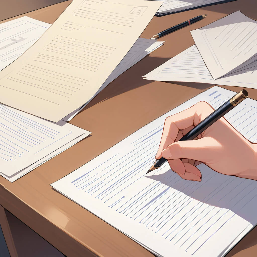 A person writing on paper with a pen at a desk, engaged in the personal insurance claims process.