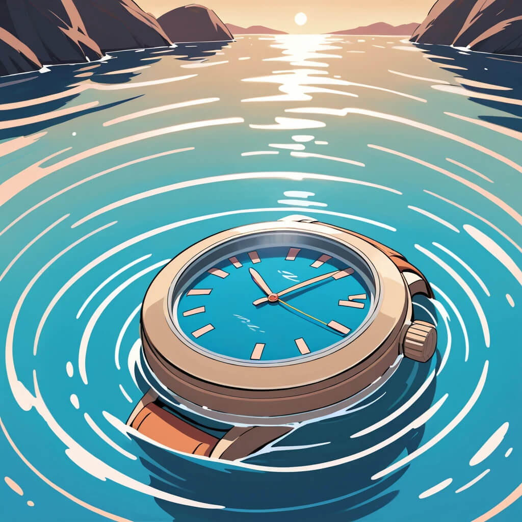 A watch drifts in water, framed by mountains, emphasizing the durability of materials used in watchmaking.