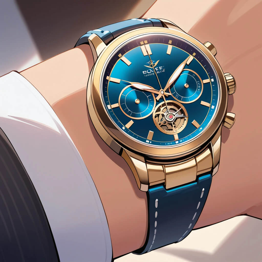 A blue and gold watch elegantly displayed on a man's wrist, featured in a guide for selecting the perfect men's watch.