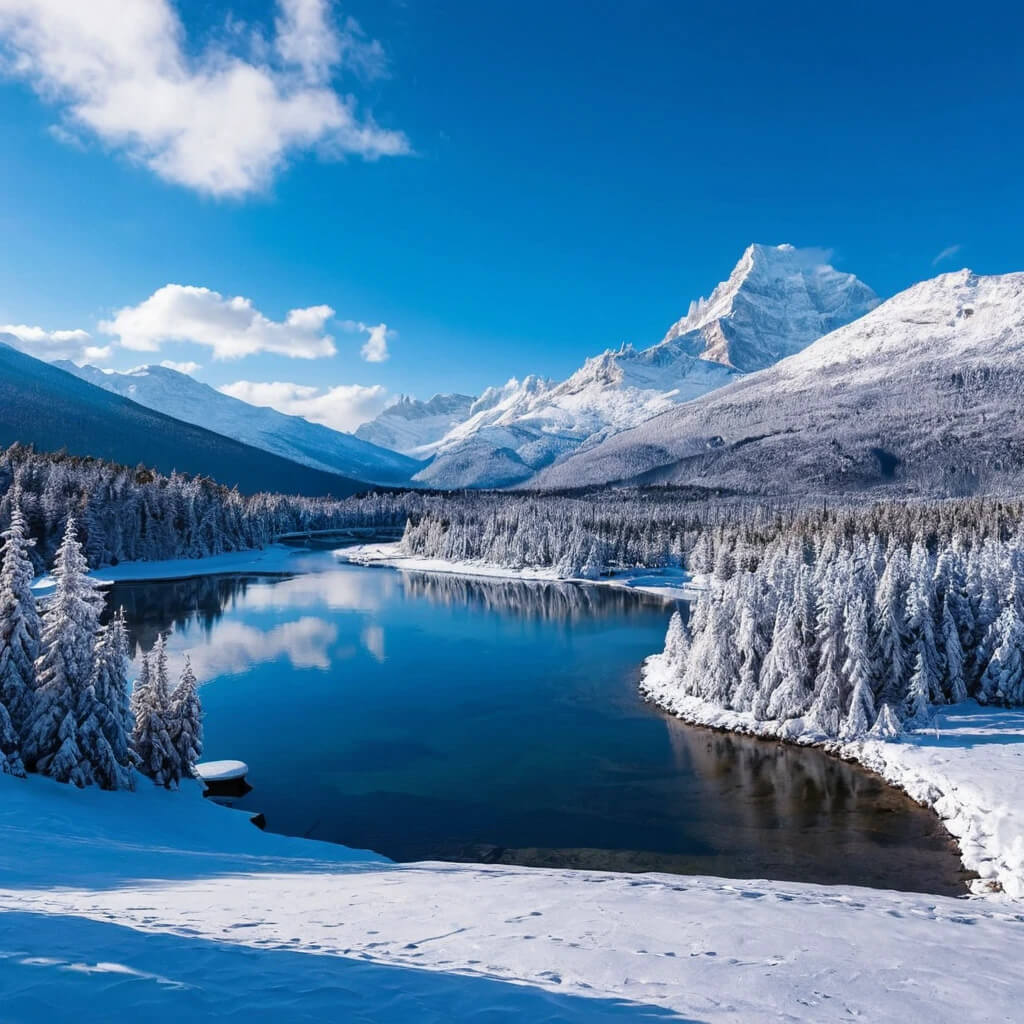 Serene lake view surrounded by snow-covered trees, showcasing one of the best winter vacations on a budget.