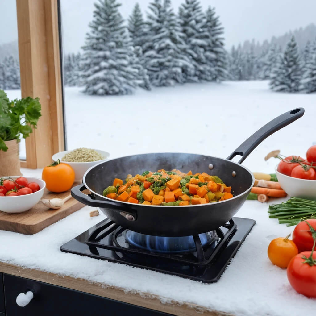 A pan of fresh vegetables on a stove, highlighting economical meal options best for winter vacations on a budget.