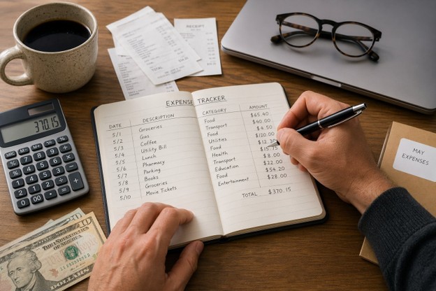 A table filled with categorized receipts and a calculator, showcasing effective ways to manage expenses without apps.