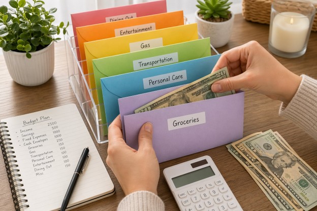 A visual guide illustrating the cash envelope system for budgeting and organizing personal finances effectively.