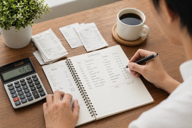 A man diligently recording his expenses in a notebook, showcasing a reliable, app-free expense tracking method.