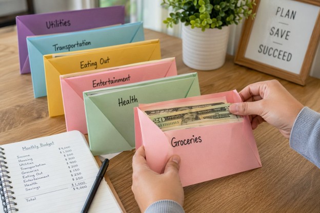 A person holds a colorful envelope filled with cash, illustrating the cash envelope budgeting system.

