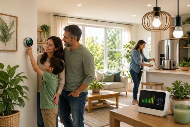 A family interacts with a smart thermostat, exploring strategies to lower their home utility expenses effectively.