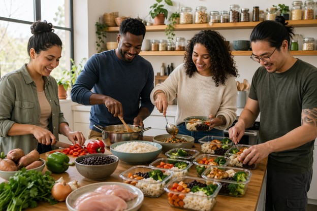 Multiple people cooking meal prep together with rice and vegetables in a kitchen