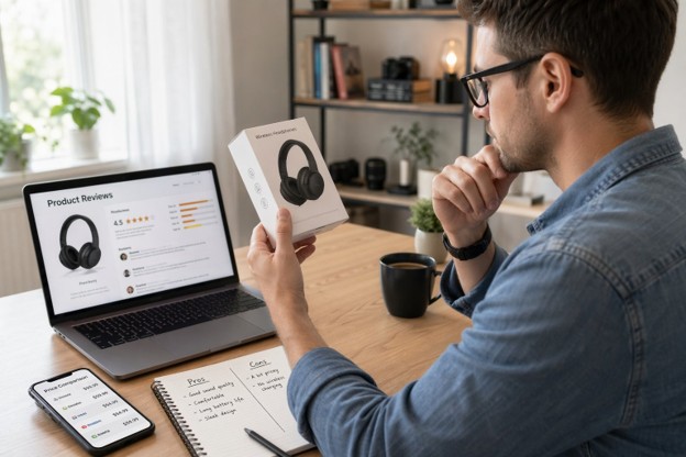 Man focused on headphones while using a laptop, assessing whether the purchase is a wise financial decision.