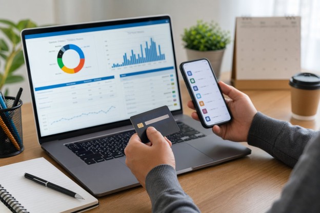 A hand holding a credit card next to a laptop screen displaying an online store, highlighting smart shopping strategies.