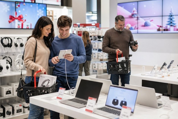 A man and woman browse laptops in an electronics store, focused on finding the best price during a sale.