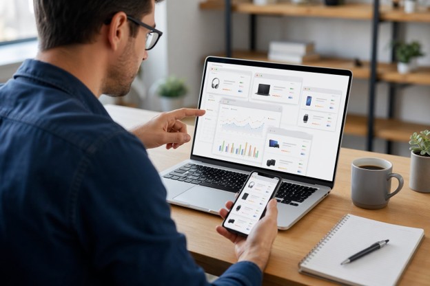 Man engaged in online price comparison, utilizing both a laptop and mobile phone for better savings on purchases.