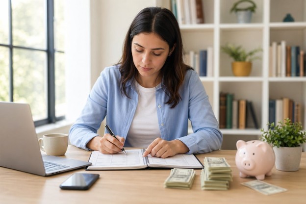Woman reviewing her finances at home, focused on budgeting and managing her spending habits effectively.