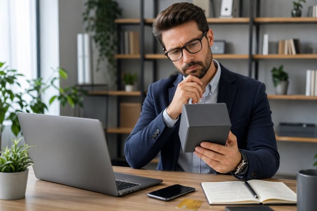 A man dressed in a suit inspects a box on his desk, evaluating whether it is worth buying.
