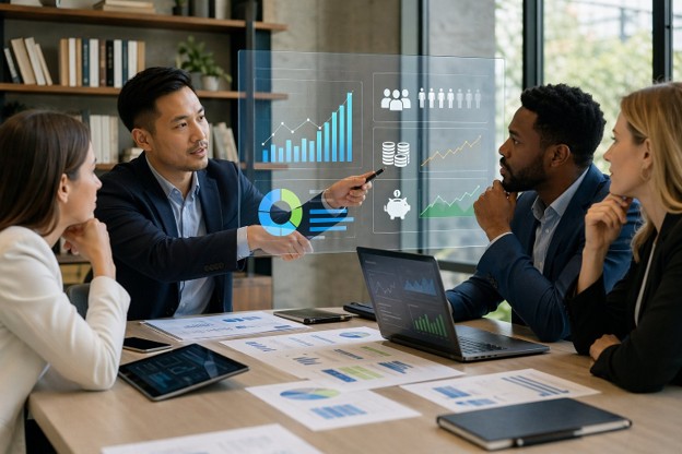  A group of business people analyzing data on a laptop and tablet during a meeting about cost per use strategy.