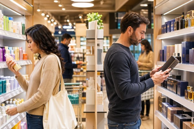 A couple reviews various products in a retail store, contemplating the benefits of purchasing cheaper versus pricier options.