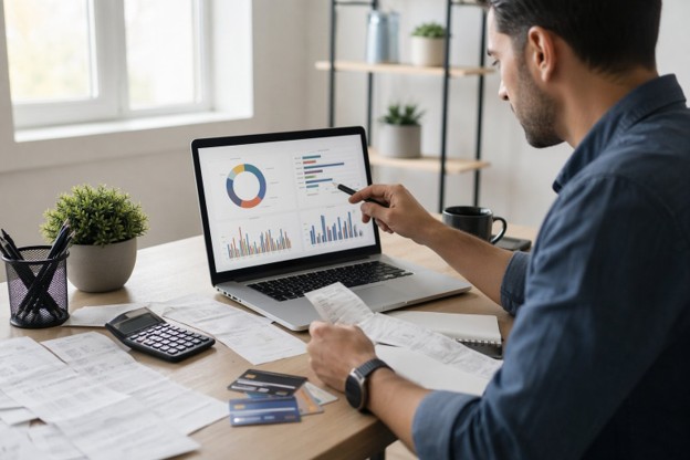 Man analyzing financial data on a laptop, focused on identifying ways to reduce unnecessary costs.