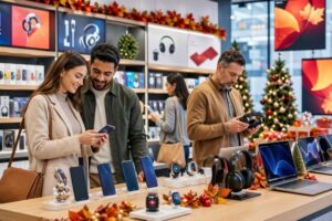 Shoppers browse electronics in a store decorated with a Christmas tree, highlighting seasonal sales opportunities.
