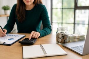 Woman using a laptop and calculator, illustrating the concept of spending smarter versus saving money.