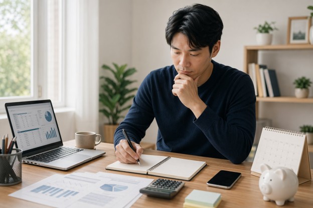 Individual working from home, using a laptop and pen to develop strategies for controlling impulse spending.